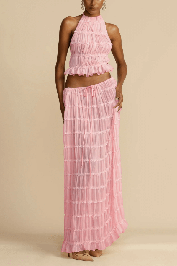 Versatility and Vintage Charm Pleated Drawstring Waist Tiered Maxi Skirt