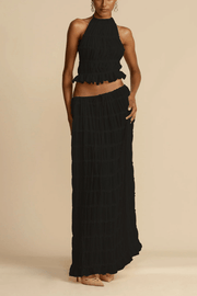 Versatility and Vintage Charm Pleated Drawstring Waist Tiered Maxi Skirt