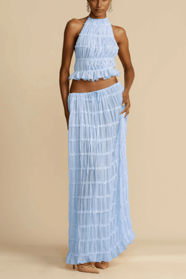 Versatility and Vintage Charm Pleated Drawstring Waist Tiered Maxi Skirt