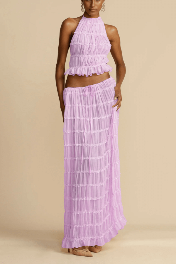 Versatility and Vintage Charm Pleated Drawstring Waist Tiered Maxi Skirt