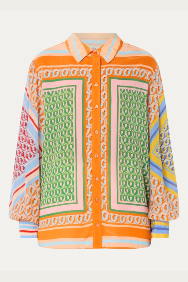 Brazil's Joyful Spirit Colorful Unique Print Balloon Sleeve Button Shirt