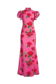 Cheongsam Style Rose Floral Print Tiered Flare Sleeve Stretch Maxi Dress