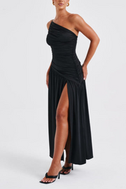 Sexy One-shoulder Strap Gathered Slim Fit Slit Maxi Dress