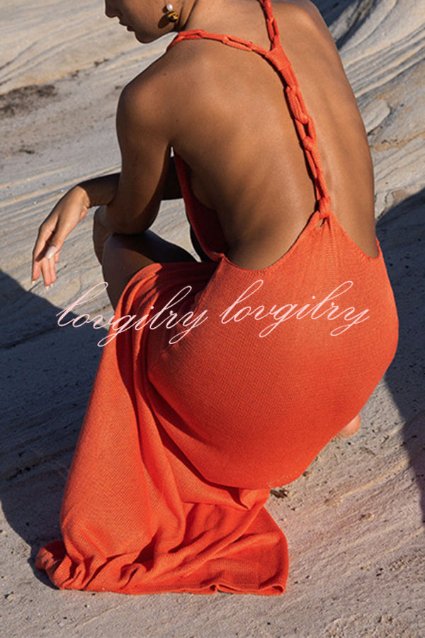 Solid Color Sexy Open Back High Slit Knitted Cover-up Maxi Dress