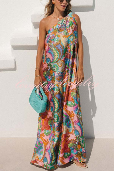 Rainbow Breeze Satin Unique Print Bow One Shoulder Loose Maxi Dress
