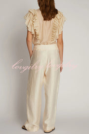 So Chic Linen Blend Buttoned Waist Tiered Pockets Wide Leg Pants