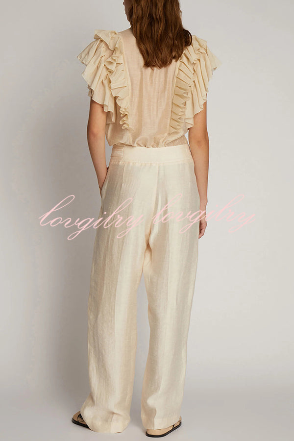 So Chic Linen Blend Buttoned Waist Tiered Pockets Wide Leg Pants