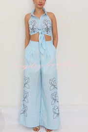 Ferrie Linen Blend Unique Print Tie-up Smocked Vest and High Rise Pocket Loose Pants Set