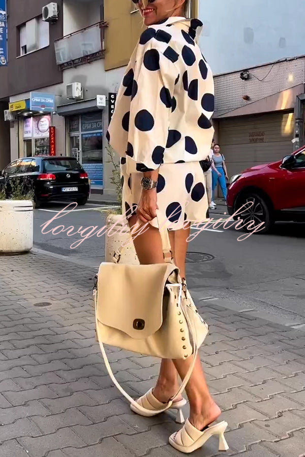 Giselle Linen Blend Polka Dot Print Lapel Long Sleeve Shirt and Elastic Waist Pocket Shorts Set