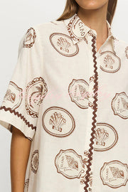 Resort Style Print Lapel Short Sleeve Shirt and Casual Mini Skirt Set