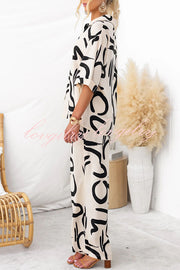 Irregular Printed Button Pocket Long Sleeved Shirt and Elastic Waist Pants Set