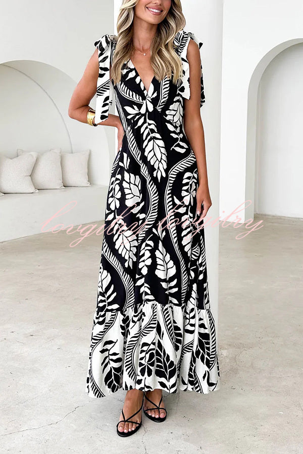 Unique Printed V-neck Sleeveless Lace-up Waist Maxi Dress