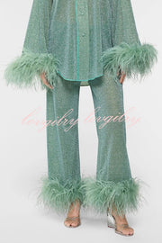 Glitter Fabric Feather Trim Long Sleeve Button Top and Elastic Waist Loose Straight Pants Set