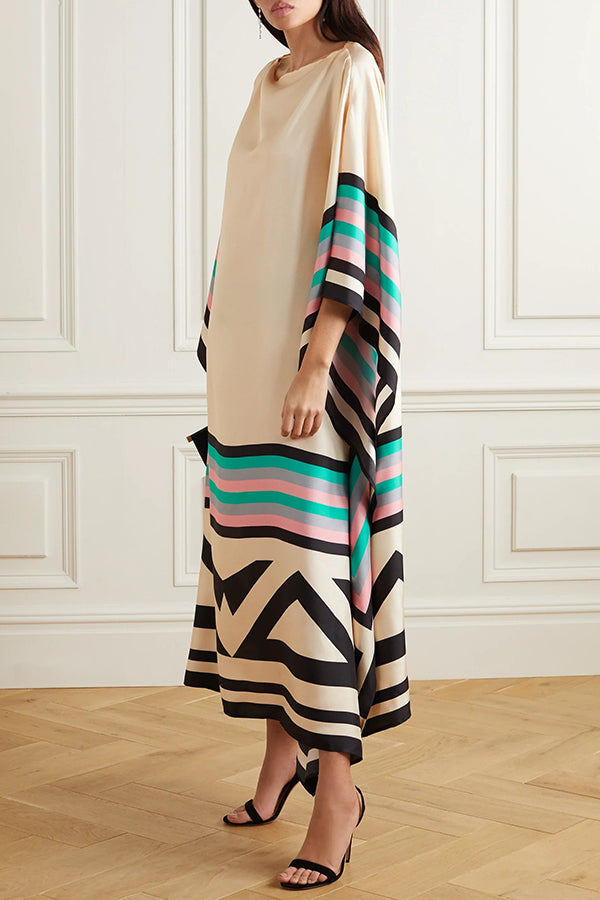 Unique Striped Print Crew Neck Loose Midi Dress