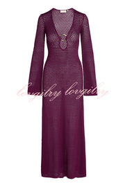 Seaside Goddess Crochet Knit Hollow Out Golden Ring Long Sleeve Cover-up Maxi Dress