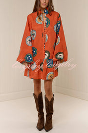 Linen Blend Unique Print Tie Waist Loose Mini Dress
