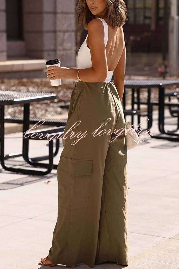 Great Week Pleated Elastic Waist Zipper Pocket Wide Leg Cargo Pants