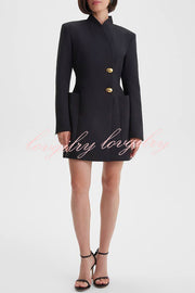 Kayleen Stand V-neck Decorative Metal Button Long Sleeve Pocket Blazer Mini Dress