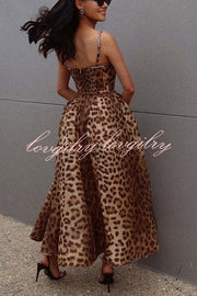 Unleash Your Wild Leopard Rhinestone Trim Back Smocked Midi Dress