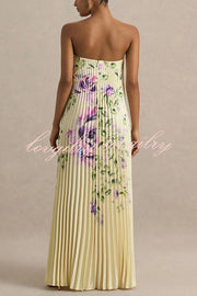 For Every Occasion Satin Pleated Floral Print V-wire Bandeau Neck Maxi Dress