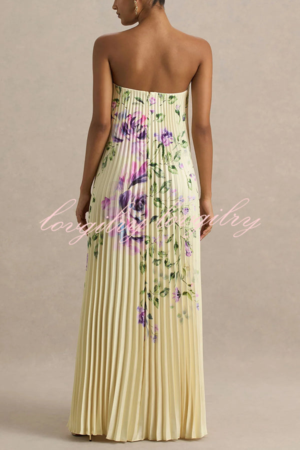 For Every Occasion Satin Pleated Floral Print V-wire Bandeau Neck Maxi Dress