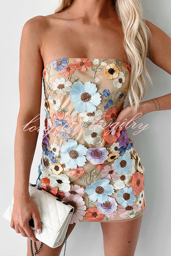 Sexy Embroidered Floral Appliqué Off Shoulder Mini Dress