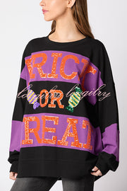 Halloween Letter Sequined Color Block Loose Casual Sweatshirt