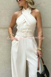 Solid Color Halterneck Sleeveless Waisted Casual Pocket Straight Jumpsuit
