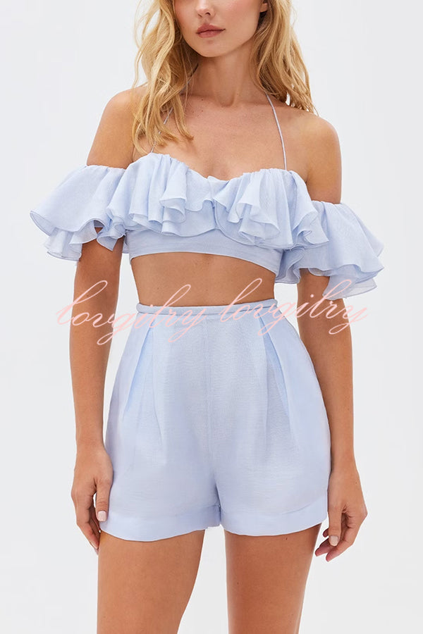 So Chic Linen Blend Tiered Ruffles Bell Sleeve Back Elastic Crop Top