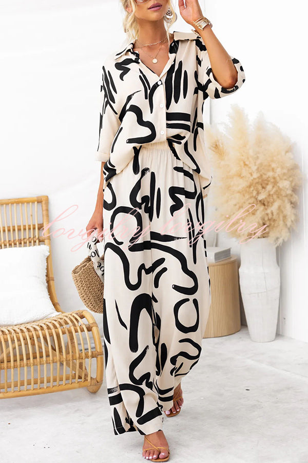 Irregular Printed Button Pocket Long Sleeved Shirt and Elastic Waist Pants Set