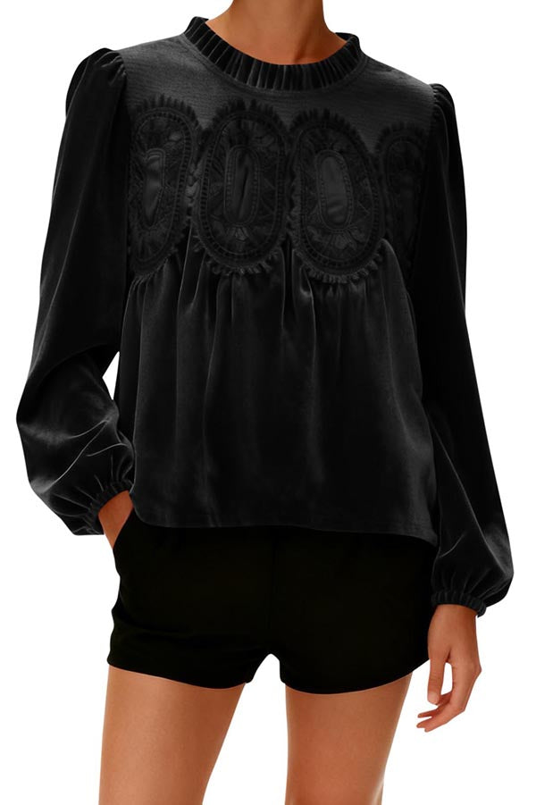 Fashionable Velvet and Lace Patchwork Loose Long-sleeved Top