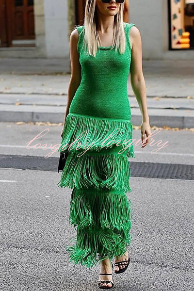 Solid Color Sleeveless Slim Fit Fringed Hem Knitted Midi Dress