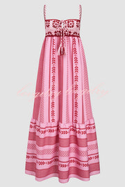 Unique Printed Patchwork Fringed Lace-up Maxi Dress