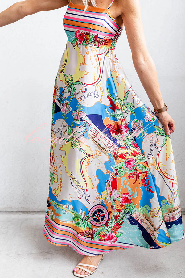 Satin Resort Print Sling Back Pleated Maxi Dress