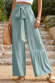 Rustic Patchwork Lace Up Pleated Wide Leg Pants