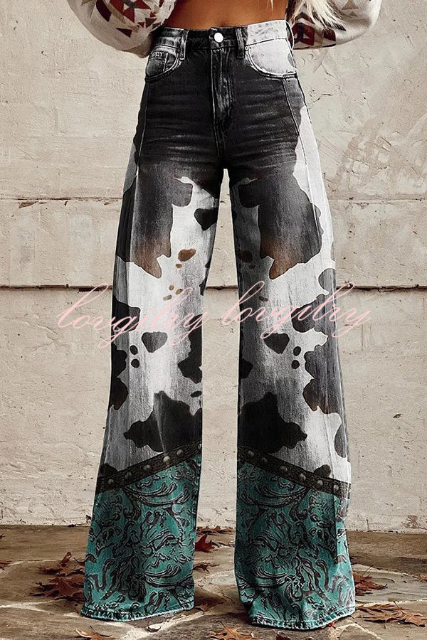 Beautiful Unique Print Button Pocket Wide Leg Pants