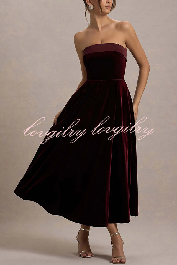 Center of Attention Velvet Satin Neck Bandeau Pleated Midi Dress