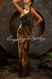 Unique Print Sexy One Shoulder Slim High Slit Maxi Dress