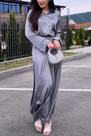 Satin Elegant Long-sleeved Lapel Shirt and High-waisted Draped Maxi Skirt Set