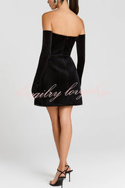 Ines Luxurious Velvet Jewel-encrusted Sweetheart Off Shoulder Neck Tulip Stretch Mini Dress