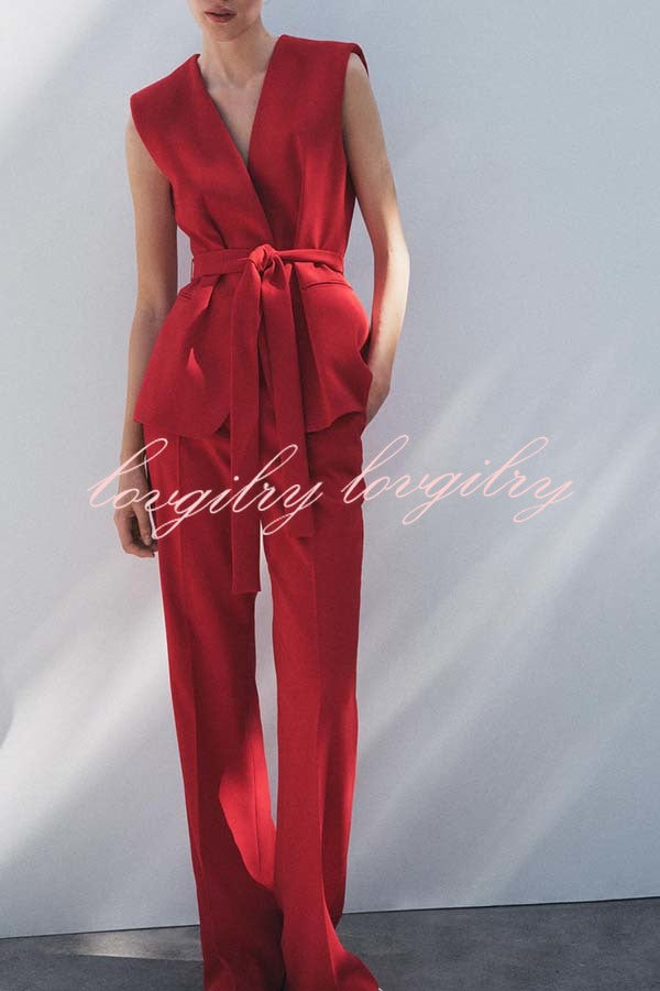 Keep It Classic V-neck Belted Vest and Mid Rise Pocket Wide Leg Pants Set