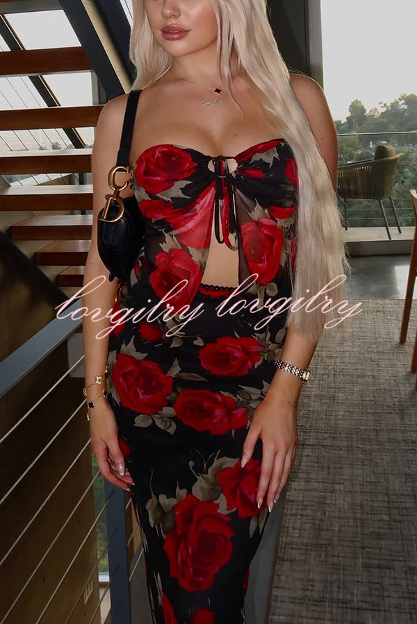 Floral Print Sexy Bandeau Lace-up Top and Slim Mesh Stretch Maxi Skirt Set