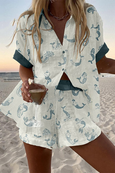 Mermaid Print Loose Button Elastic Waist Shorts Set