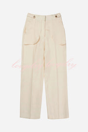 So Chic Linen Blend Buttoned Waist Tiered Pockets Wide Leg Pants