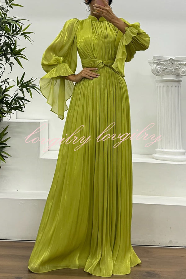 Ellah Shiny Fabric Chinese Stand Collar Twist Waist Balloon Sleeve Maxi Dress