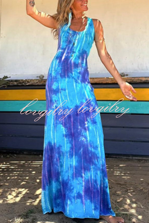 La Bamba Tie-dye Print Back Lace-up Stretch Maxi Dress