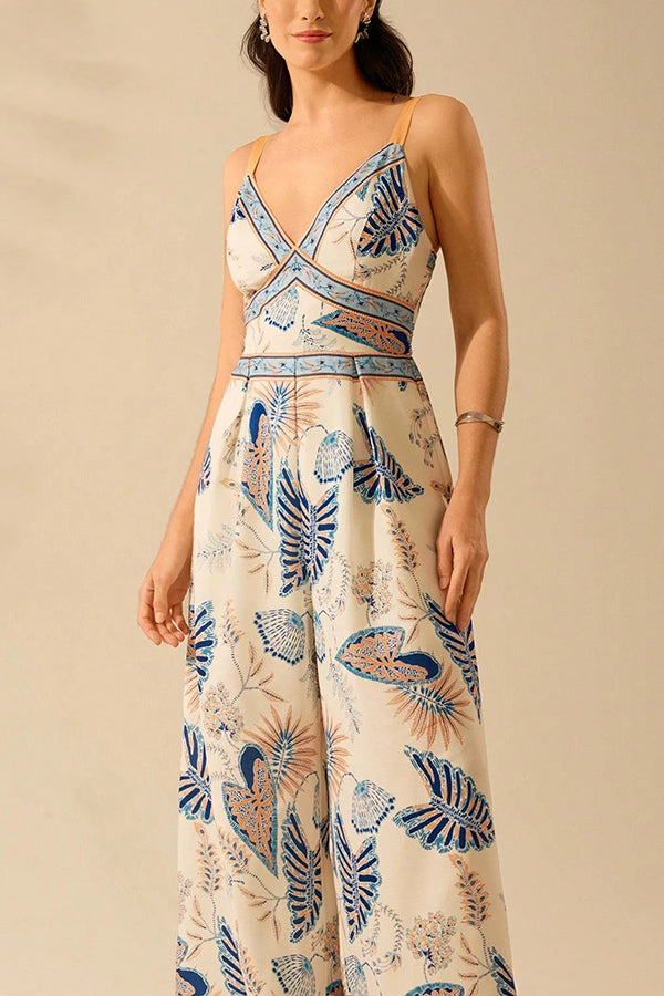 Bohemian Style Plant Print Casual Sling Holiday Loose Jumpsuit