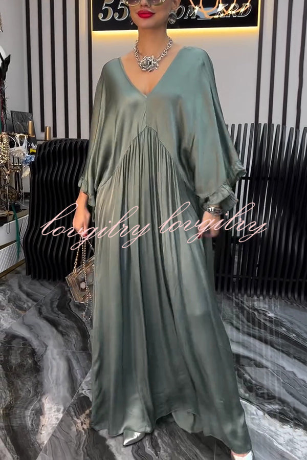 Satin Solid Color V-neck Lotus Leaf Sleeve Loose Pleated Maxi Dress