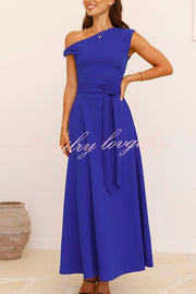 Solid Color Sloped Collar Slim Fit Waist Lace Up Full Hem Maxi Dress