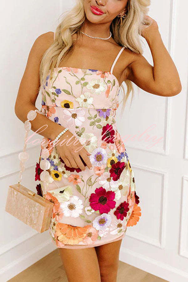 Dream World Embroidered Floral Applique Adjustable Straps Mini Dress